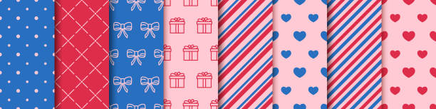 Eight valentine's day seamless patterns collection. Festive wrapping paper. Wrapping paper design templates. Eight valentine's day seamless patterns collection. Set of patterns with hearts, envelopes, gift boxes, polka dot and abstract ornament. Festive wrapping paper. Wrapping paper design templates. happy valentines day book stock illustrations