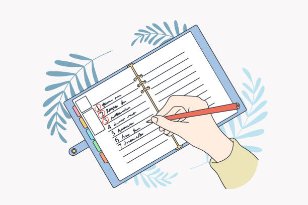 Motivation and aiming for new life concept Motivation and aiming for new life concept. Human hands making list of resolutions for starting new life writing in planner and making notes vector illustration, top view determination illustrations stock illustrations