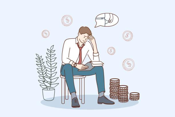 Financial problems and bankruptcy concept Financial problems and bankruptcy concept. Young sad depressed businessman sitting on chair thinking about finding money for paying bills during crisis vector illustration business risk stock illustrations