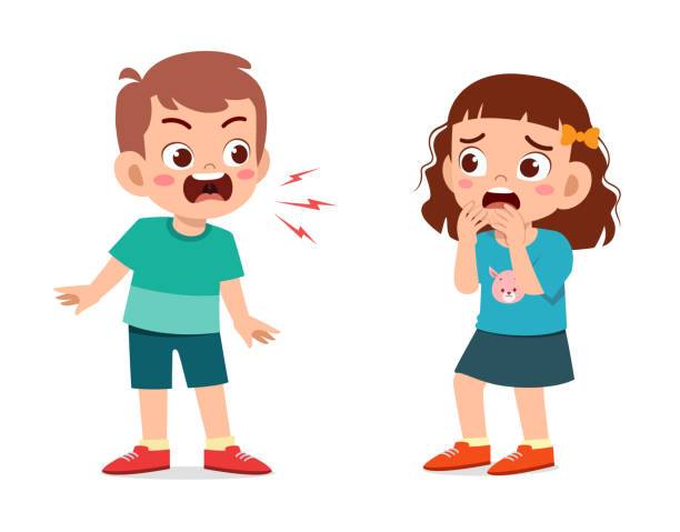 ilustrações de stock, clip art, desenhos animados e ícones de little boy angry and shout to little girl - mannered