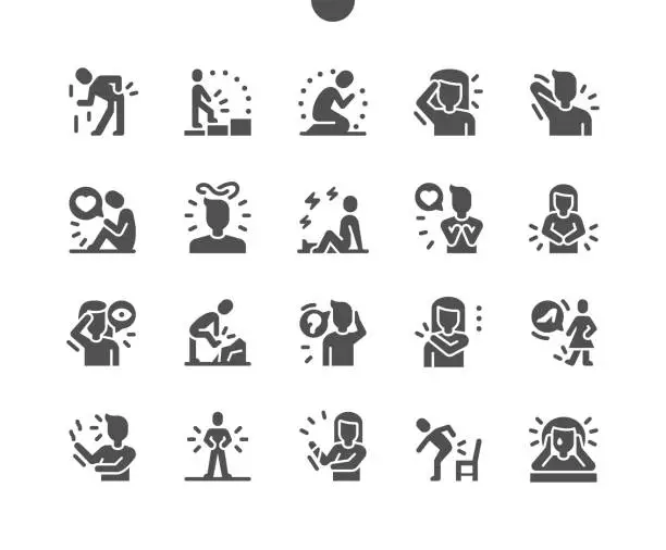 Vector illustration of People in pain. Emotional and physical pain. Sadness, confused thoughts and cry. Backache, heart pain, headache, earache, bone fracture. Vector Solid Icons. Simple Pictogram