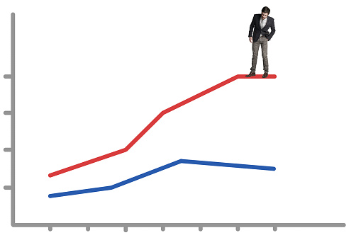 Shot of a businessman balancing on top of a graph against a white background