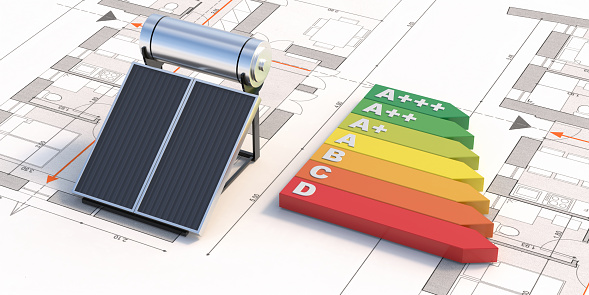 Solar water heating system and energy efficiency chart on project blueprint background. Renewable energy design and construction concept. 3d illustration