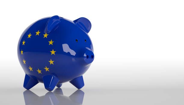 piggy bank with european union flag. 3d rendering - european union coin european union currency coin isolated objects imagens e fotografias de stock