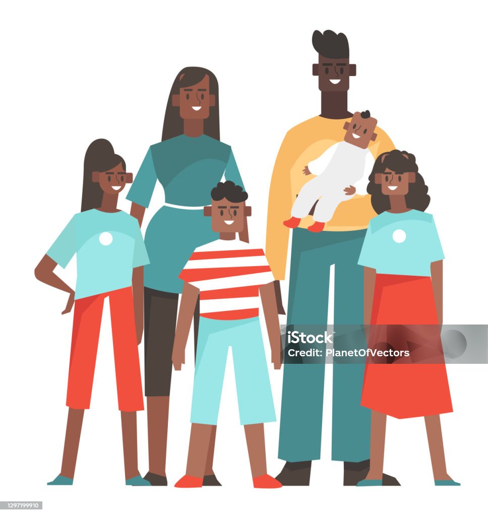 Nuclear Black Family Woman And Man With Kids Flat Design Illustration  Vector Stock Illustration - Download Image Now - iStock