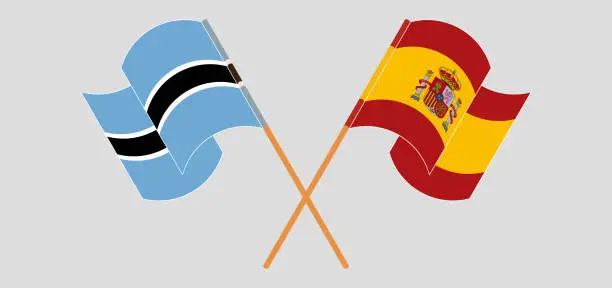 Vector illustration of Crossed and waving flags of Botswana and Spain