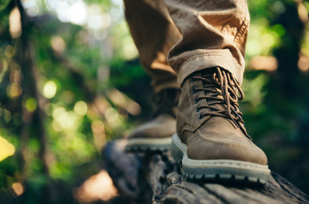 istock Boots of traveler step on old log in forest. 1297202565
