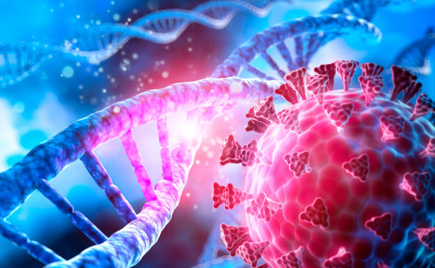 Corona Virus covid-19 DNA illustration Corona Virus mutation with DNA - covid-19 illustration with dark blue cell background helix photos stock pictures, royalty-free photos & images