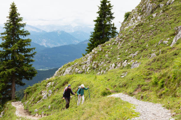 Senior man and woman, both wearing a backpack, they are holding walking sticks to support themselves, while hiking, they are walking in the mountains, in the europan Alps, near Brauneck, Germany, the path is stony, there are blue mountains in the distance