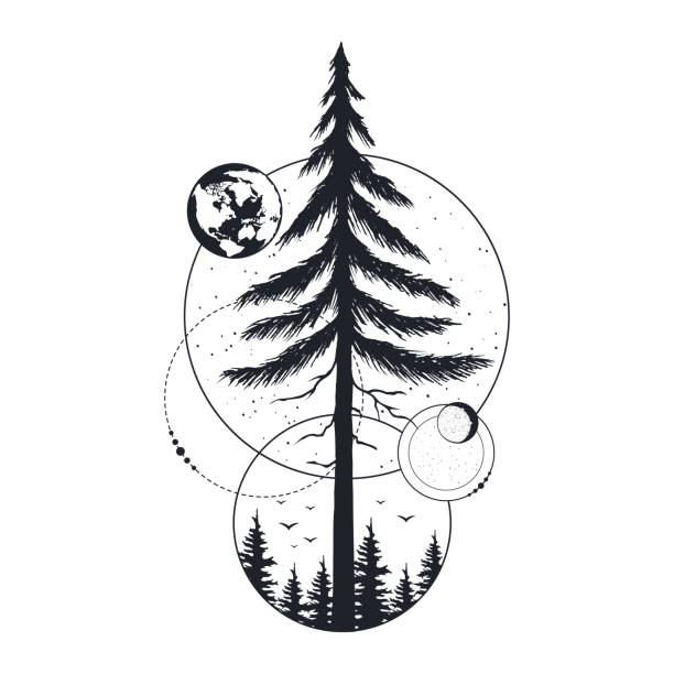 Hand drawn tree badge with fir, moon, globe and stars.. Geometric frame with forest for label or tattoo. Vector isolated wanderlust print. Hand drawn tree badge with fir, moon, globe and stars.. Geometric frame with forest for label or tattoo. Vector isolated wanderlust print. animals tattoos stock illustrations