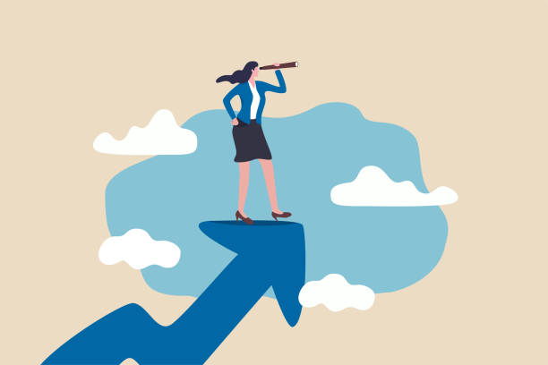 ilustrações de stock, clip art, desenhos animados e ícones de woman leader with lady power business vision, woman visionary to see business opportunity concept, success businesswoman standing on top of rising arrow with telescope or spyglass to see future vision - business woman
