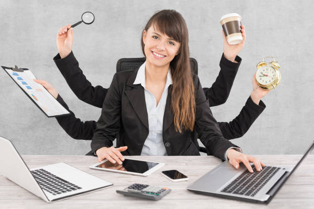 istock Multitask business woman with many hands. 1297206611