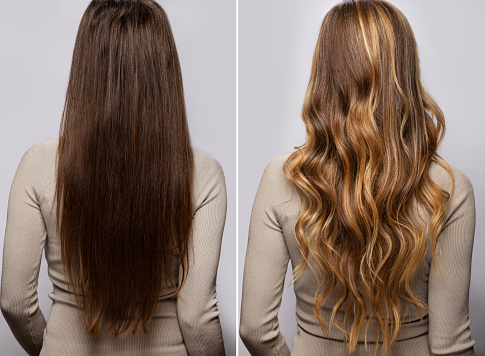 Comparison of female hair after dyeing and styling in a professional salon