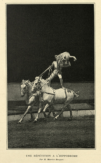 Vintage photograph of rehearsal at the hippodrome, Equestrian vaulting performers , 19th Century