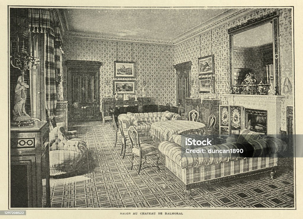 Vintage photograph of Salon at Balmoral, Scotland, 19th Century Balmoral Castle Stock Photo