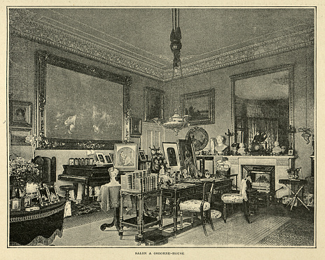 Vintage photograph of Salon at Osborne House, Isle of Wight, 19th Century. The house was built between 1845 and 1851 for Queen Victoria and Prince Albert as a summer home and rural retreat. Prince Albert designed the house himself in the style of an Italian Renaissance palazzo.