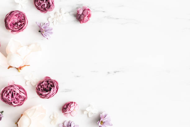 istock Flowers composition. White and purple flowers on marble background. Flat lay, top view 1297208638