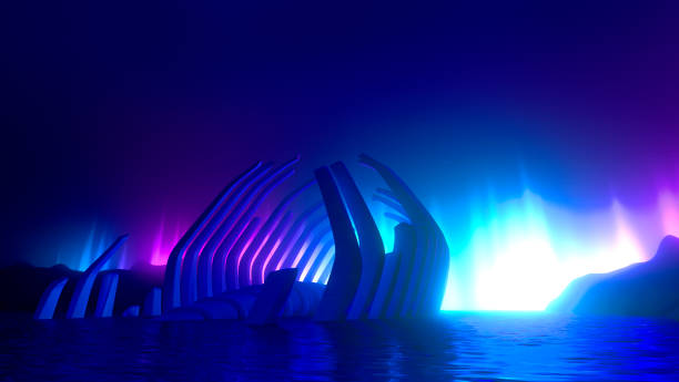 istock Creative neon glowing background with pink blue vibrant violet neon lights, concept environmental pollution.The skeleton large fish lying in the sea and silhouette of man on a boat.3D illustration 1297208940