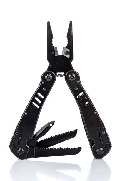 istock Front view of vertical standing pocket multitool knife with open pliers and cutting tools isolated on white background 1297211469