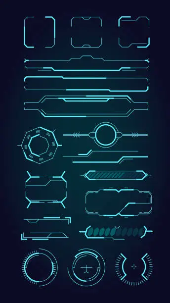 Vector illustration of Hud ui elements. Sci fi infographic modern space symbols for web design interface futuristic digital frames for screen and dividers vector set