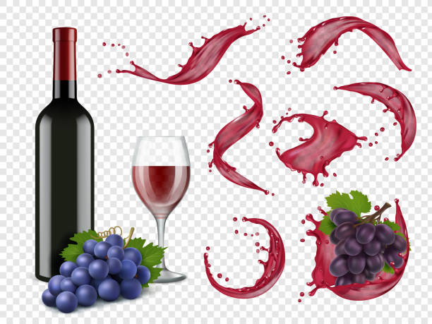 illustrazioni stock, clip art, cartoni animati e icone di tendenza di spruzzi di vino. gocce rosse liquide bottiglie d'uva e bicchieri per bevande alcoliche vettore set realistico - spilling