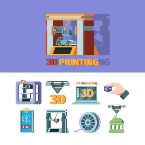 Vector illustration of 3d prints technology. Printing machine dimensional systems vector flat illustrations