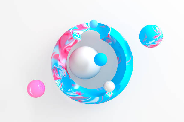 istock Abstract three-dimensional background of many circles with round cutouts with a stylized display of the planet and satellites on white background. 3D illustration 1297211890