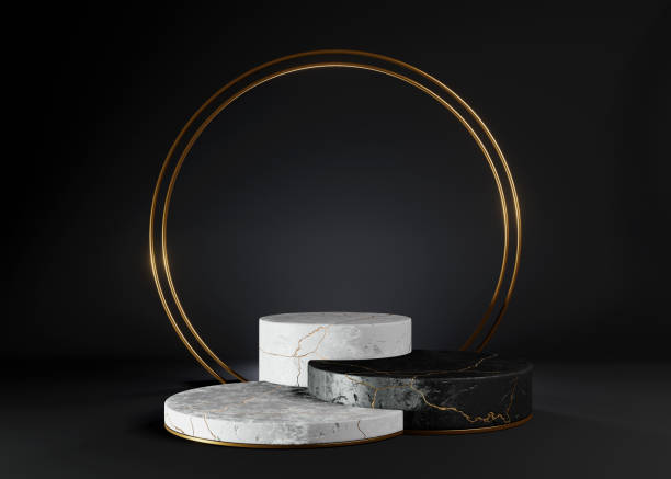 istock 3d render illustration of black and white marble podium on black background 1297211922