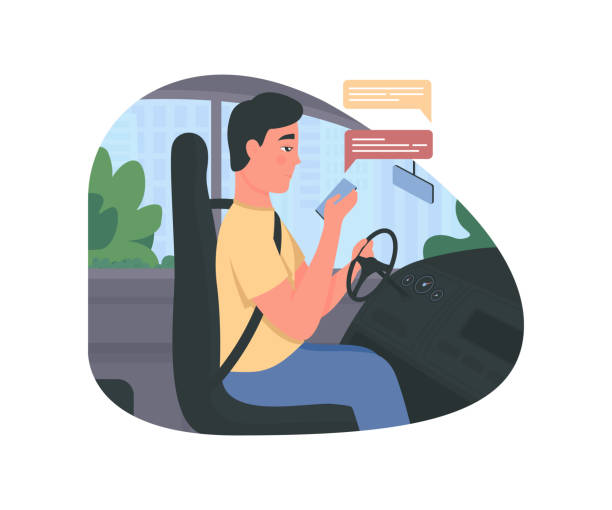 ilustraciones, imágenes clip art, dibujos animados e iconos de stock de mensajes de texto mientras se conduce el banner web vectorial 2d, póster - driving car distracted accident