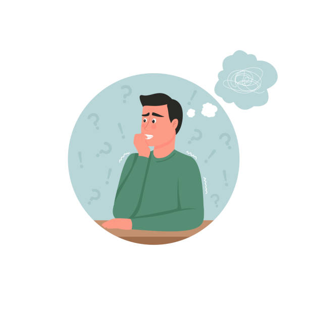 Stress and anxiety 2D vector web banner, poster Stress and anxiety 2D vector web banner, poster. Panicked face. Frustration and depression. Man biting nails flat character on cartoon background. Bad habit printable patch, colorful web element anxiety stock illustrations