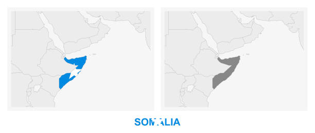 zwei versionen der karte von somalia, mit der flagge von somalia und in dunkelgrau hervorgehoben. - mogadischu stock-grafiken, -clipart, -cartoons und -symbole