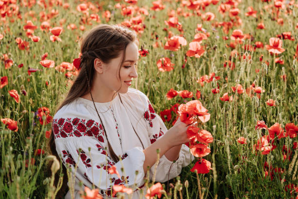 Woman Sitting on Flower Meadow and Make Wreath Woman Sitting on Flower Meadow and Make Wreath. Smiling Attractive Young Woman Brunette in Traditional Dress Handmade Luxury Natural Aromatic Accessory Chaplet. Agriculture Blossom Plants floral crown photos stock pictures, royalty-free photos & images