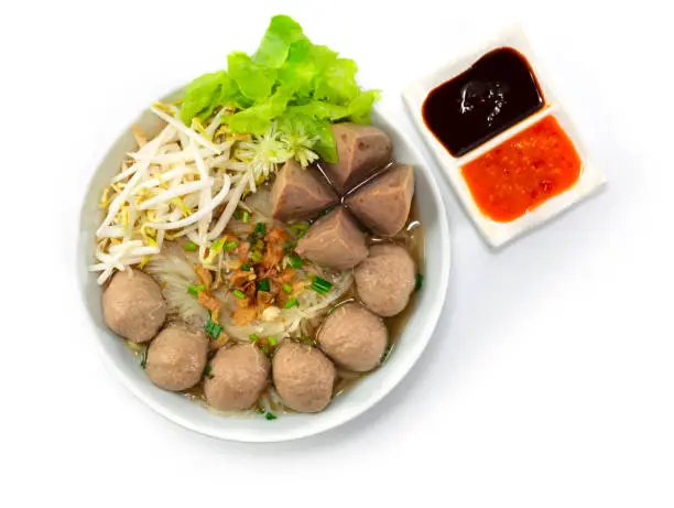 Bakso Meatballs Noodles with Soup Served Chili Sour Suace Indonesian food Style topview