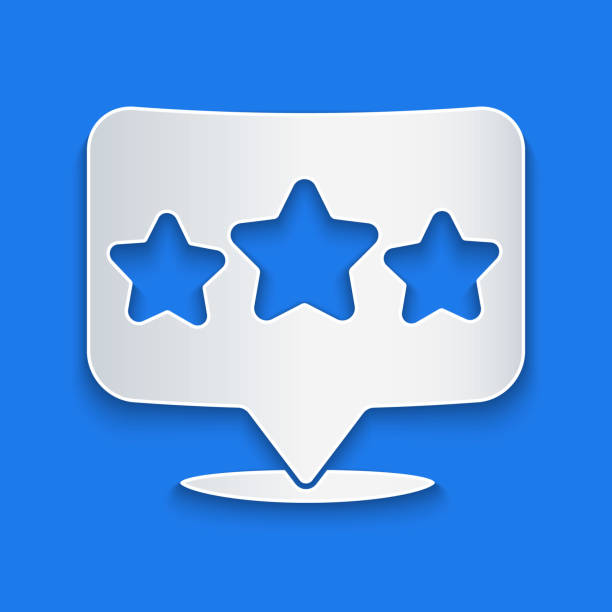 istock Paper cut Five stars customer product rating review icon isolated on blue background. Favorite, best rating, award symbol. Paper art style. Vector 1297217600