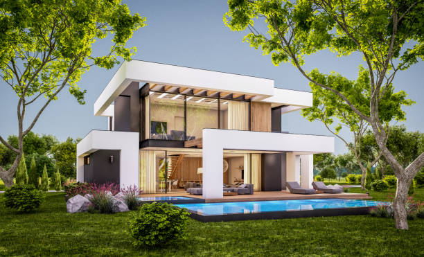 istock 3d rendering of modern house in luxurious style in evening 1297218543
