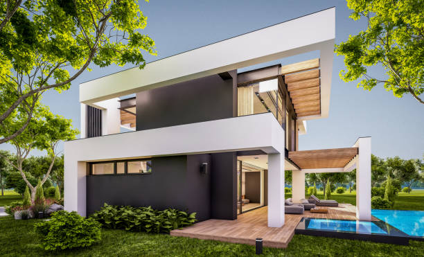 istock 3d rendering of modern house in luxurious style in evening 1297218603