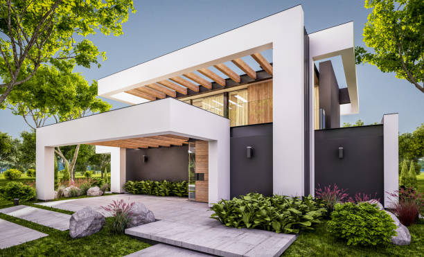 istock 3d rendering of modern house in luxurious style in evening 1297218651