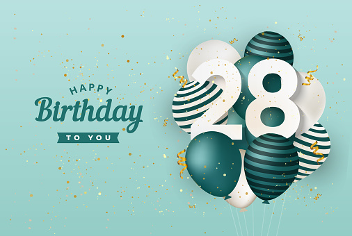Happy 28th birthday with green balloons greeting card background.