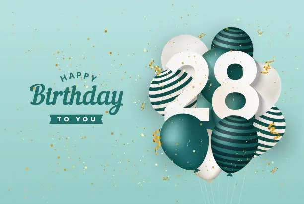 Vector illustration of Happy 28th birthday with green balloons greeting card background.