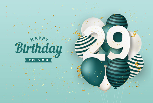 Happy 29th birthday with green balloons greeting card background.