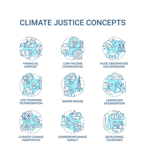 Climate justice concept icons set Climate justice concept icons set. Global warming reduce idea thin line RGB color illustrations. Global warming. Climate change. Vector isolated outline drawings. Editable stroke climate justice stock illustrations