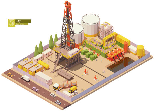 Vector isometric oil and gas land drilling rig Vector isometric oil and gas land drilling rig. Oil land rig drilling wells for petroleum production or extraction. Isometric city map elements oil derrick crane crane exploration stock illustrations