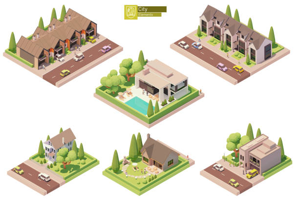illustrazioni stock, clip art, cartoni animati e icone di tendenza di edifici isometrici vettoriali, case suburbane - townhouse
