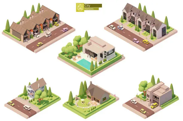 Vector illustration of Vector isometric buildings, suburban houses