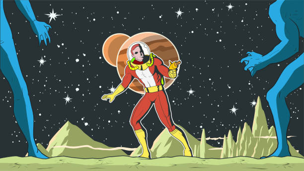 Retro Astronaut Superhero vs Aliens in Space Stock Illustration A retro style vector illustration of an astronaut superhero aiming a gun at aliens on a moon with outer space in the background. Wide space available for your copy. space exploration illustrations stock illustrations