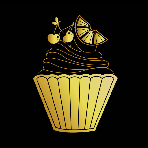 istock Vector icon of golden cupcake with cream and whipped cream isolated on black background for postcard, logo,  invitations, greeting cards, business card. Bakery gold logo 1297224279