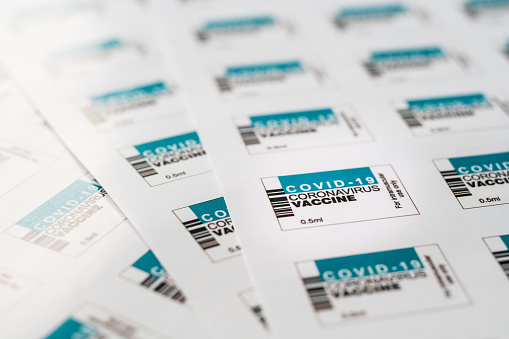 Production sheets of printed labels for 2019 nCoV COVID-19 Corona virus vaccine vial