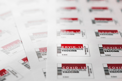 Production sheets of printed labels for 2019 nCoV COVID-19 Corona virus vaccine vial