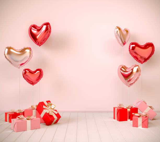 istock Valentine's day balloons with gift boxes in room. 3D rendering illustration. 1297233516