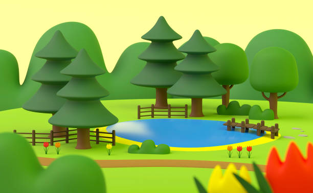 istock cartoon landscape park lake trees and flowers 3D rendering 1297234791